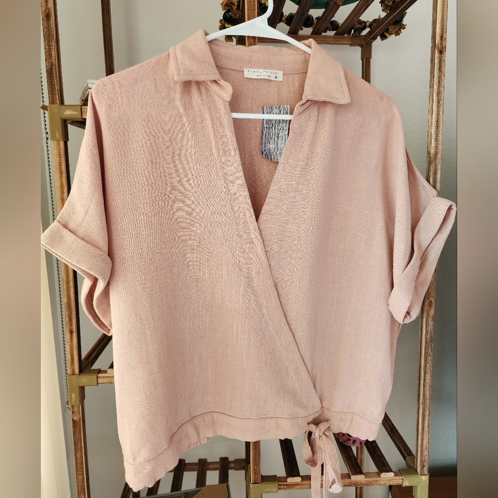 NWT Linen Collared Wrap Top, Blush, Size M